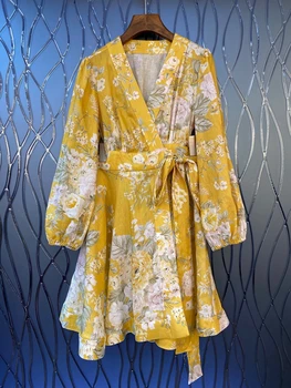 

2020 Spring and Summer New Women's V-neck Waist Side Lace-up Decorative Printed Long-Sleeved Dress 708