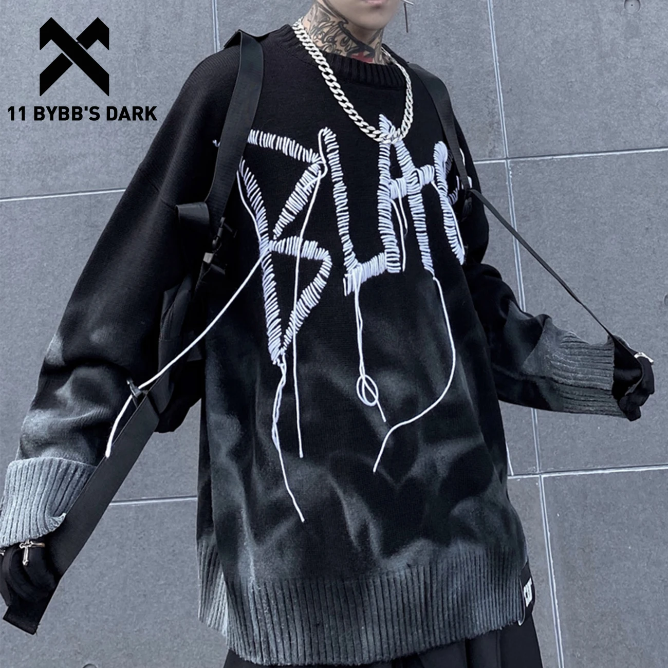 11 Bybb's Dark Harajuku Dark Tie Dye Men Knitted Sweater Retro Embroidery Hip Hop Pullover Streetwear Sweater Loose Top - Pullovers -