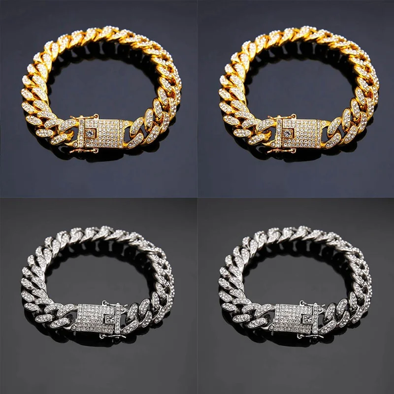 Модные хип-хоп тяжелые Роскошные браслеты для мужчин, 20 мм, кубинские звенья, золотой цвет, браслет, ювелирное изделие, полностью покрыто льдом, стразы