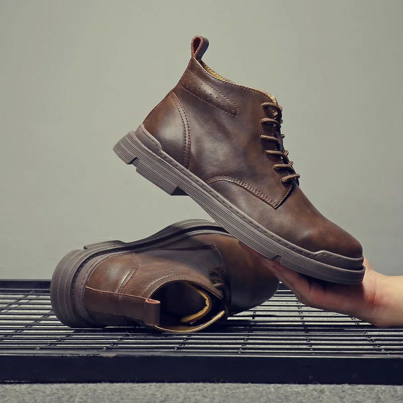 

High Quality Genuine Leather Men Shoes Spring Winter Casual Ankle Boots Outdoor Work Snow Boots Lace-Up Classic Shoes