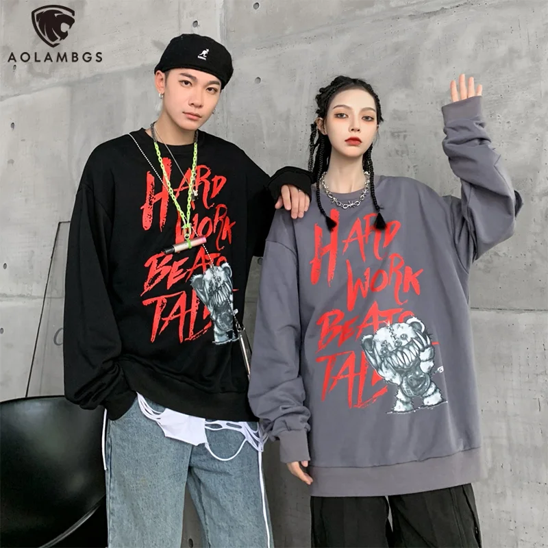 

Aolamegs Men Sweatshirt Robot Bear Hit Color Letter Print O-Neck Pullover Men Side Pocket Cozy Hip Hop Streetwear Hoodie Autumn