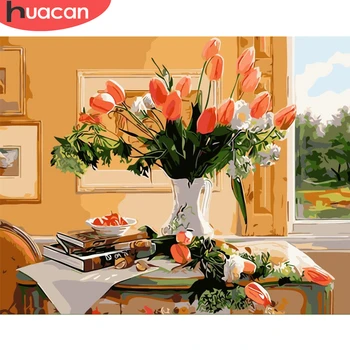 

HUACAN Paint By Number Flower DIY Drawing Canvas Handpainted Pictures By Number Flower Home Decoration