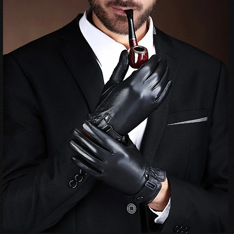 Мужские Роскошные перчатки из искусственной кожи, зимние перчатки с сенсорным экраном для вождения, теплые перчатки из кашемира, тактические перчатки на весь палец, черные