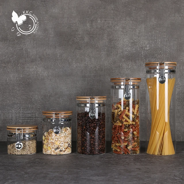 KKC HOME ACCENTS Clear Borosilicate Glass Storage Jars with Airtight  Locking Clamp Lids,Sealed Glass Jars with Airtight Bamboo Lid,Airtight  Brown