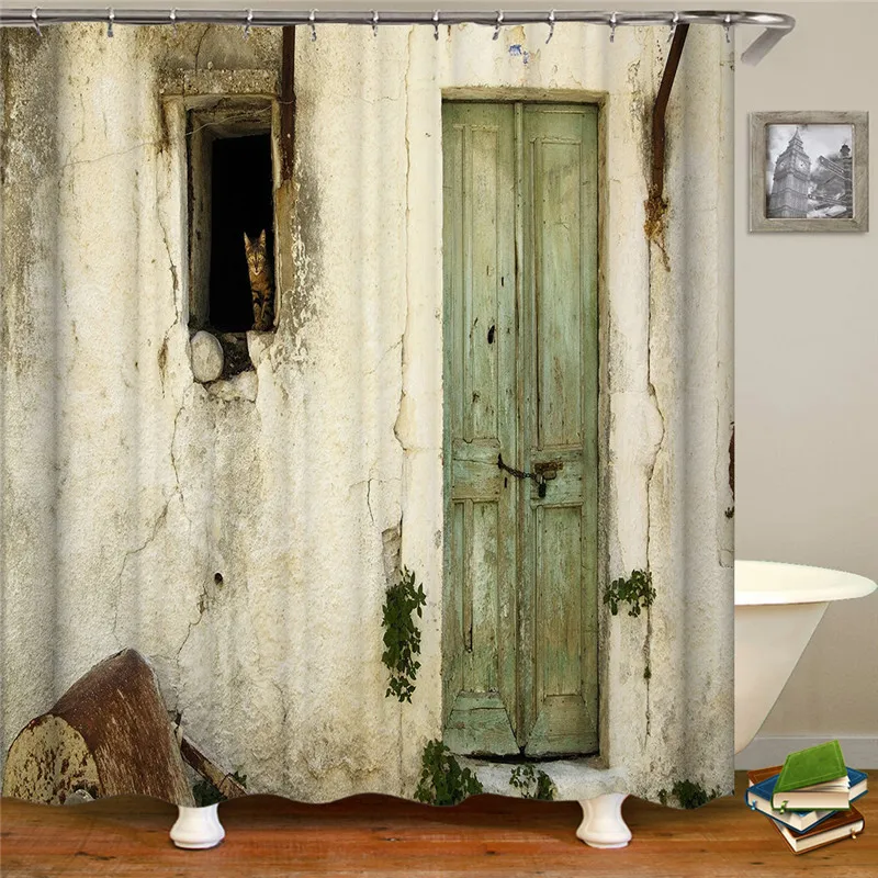 

Old retro wooden door shower curtain mat decorative waterproof polyester fabric bathroom curtain home bathroom shower curtain