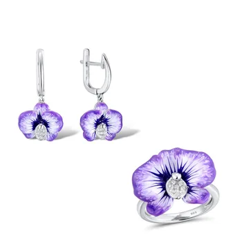 

Fashion Jewelry Sets for Women Big Flower Petal 925 Silver Ring Earrings Elegant Bohemia Style Purple Enamel Jewelry Set