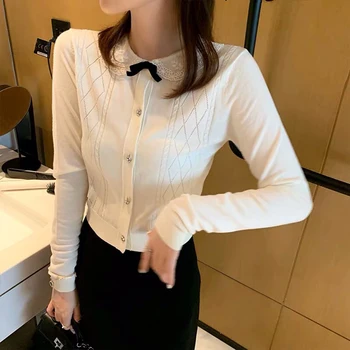 

2020 Autumn New Lace Doll Collar Stitching Rhinestone Silk Cashmere Sweater Women Cardigan