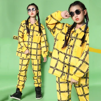 

Children Hip Hop Street Dance Clothes Girls Yellow Plaid Loose Shirt Boys Hip Hop Pant Ballroom Fashion Stage Costume VDB2230