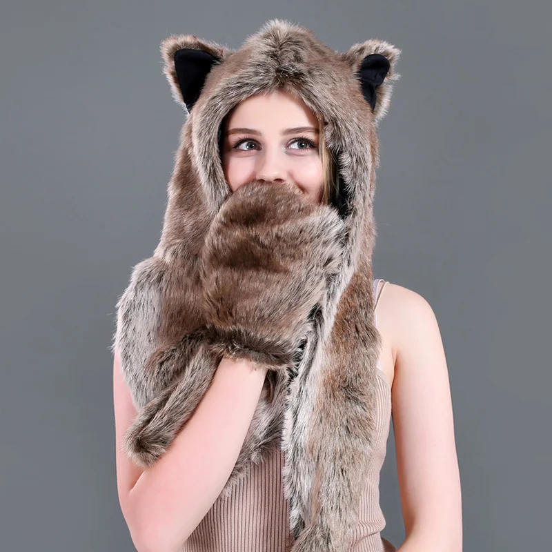 Зимняя мужская шапка из искусственного меха, длинный шарф, женская шапка annimale, шапка, перчатки, ушанка, теплый женский мужской шарф, шаль, набор, пушистый плюшевый мультфильм