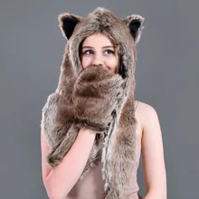 Зимняя мужская шапка из искусственного меха, длинный шарф, женская шапка annimale, шапка, перчатки, ушанка, теплый женский мужской шарф, шаль, набор, пушистый плюшевый мультфильм