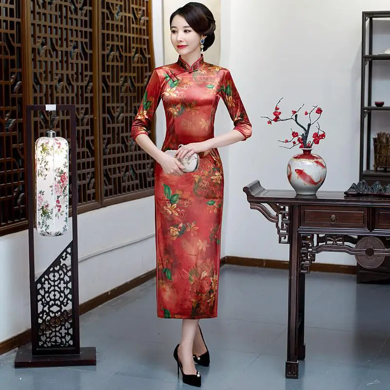 Классическое китайское платье на пуговицах, велюровое, женское, теплое, Qipao, элегантное, с цветочным принтом, Cheongsam, сексуальное, официальное, вечернее, благородное, Vestidos - Цвет: red long