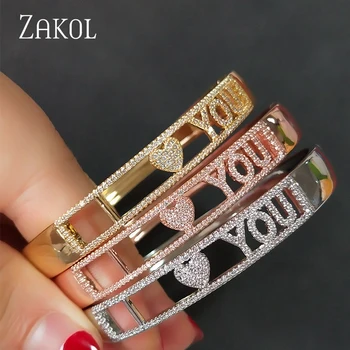 

ZAKOL Fashion Women and Men Hollow-carved Design Love Letter Zircon Couple Bangle for Valentine's Day Jewelry Gift FSBP2215
