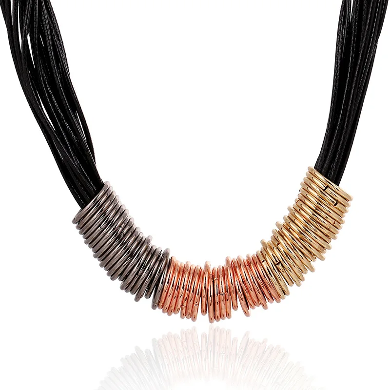 

Europe And America Big Brand Exaggeration Necklace Circle Hoop Color Mixture Leather Rope Necklace South Korea Choker Women's Sh