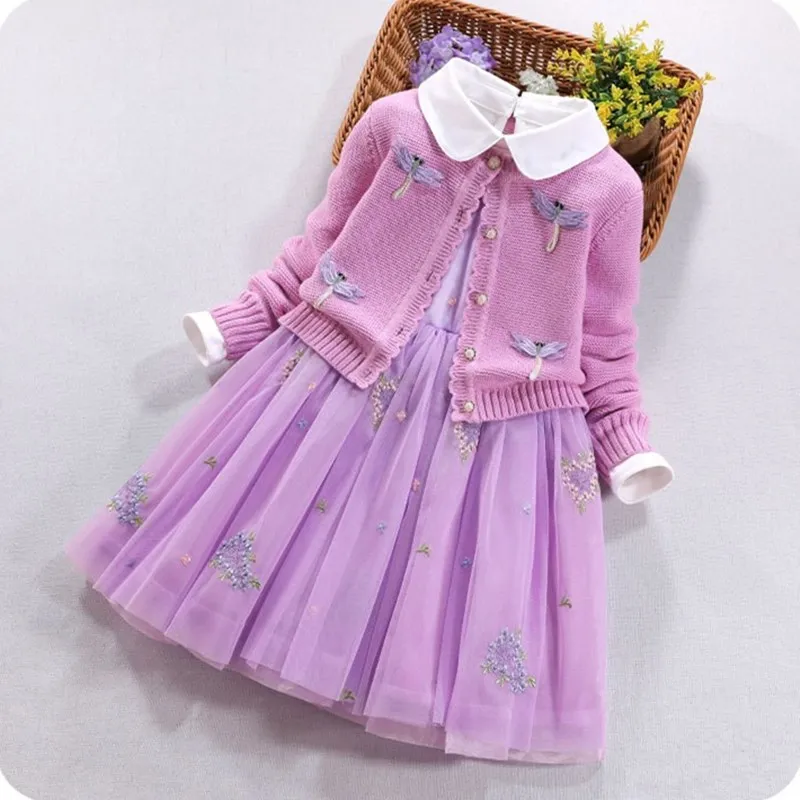 Purple Spring/Autumn Children girl's sets Princess skirt cotton three-piece suit children's sets cardigan sweater - Цвет: Purple