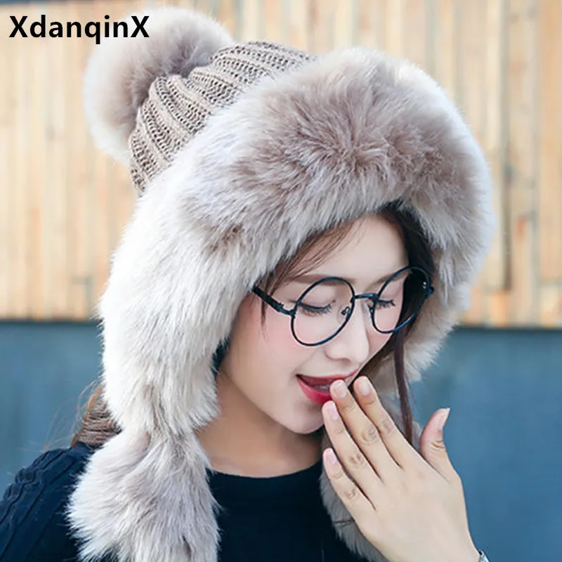 

XdanqinX winter women's warm hat thick fluff Bomber hat cute fashion ladies ski cap anti-cold earmuff cap ethnic style women hat