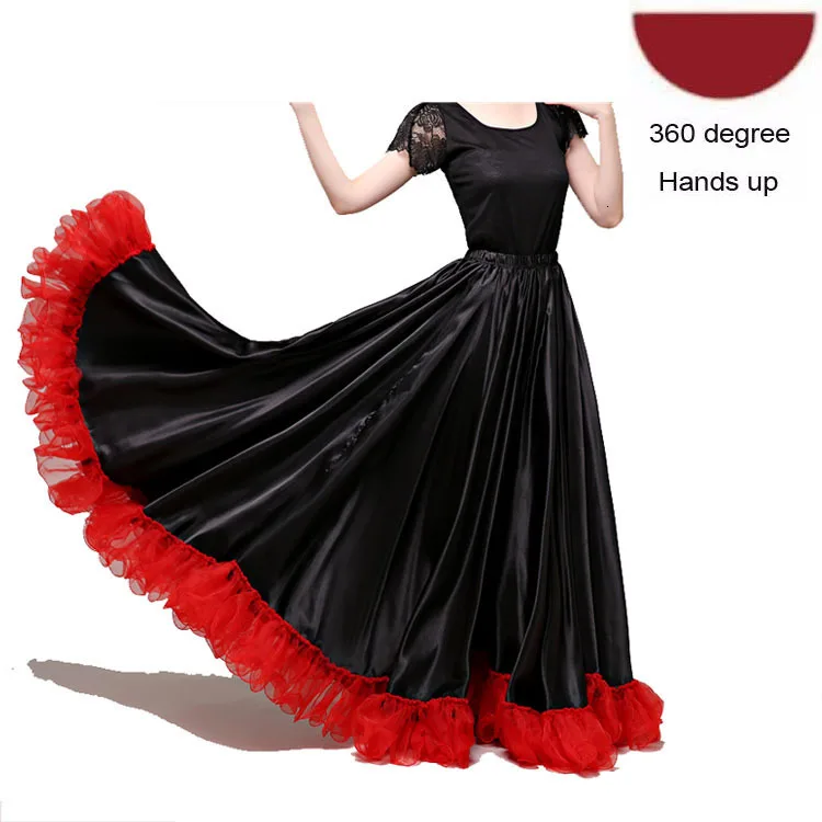 Модные Великолепные женские большие размеры юбка для танца живота испанское фламенко платье сценическая одежда команды Кружева атласная однотонная гладкая юбка - Цвет: Black skirt360degree