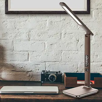 

Black Brown Modern Office Desk Lamp With Switch Business Gift Foldable Touch Dimmer LED Table Lamp with Alarm Clock/Calendar