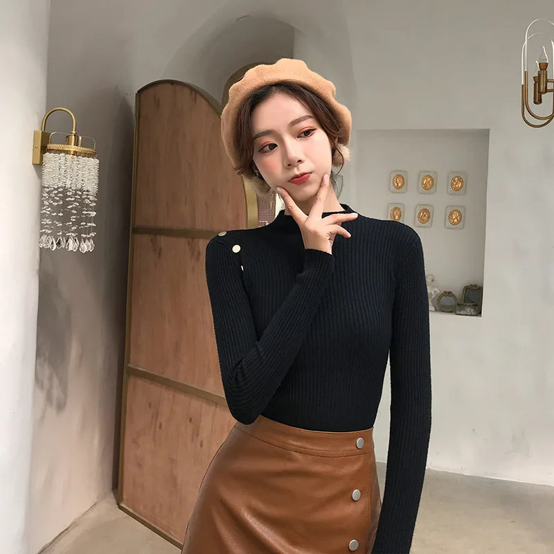 Черный Autumn winter new solid interior sweater tight half high collar button long sleeve knitwear women's slim Pullover sweater - Цвет: Черный