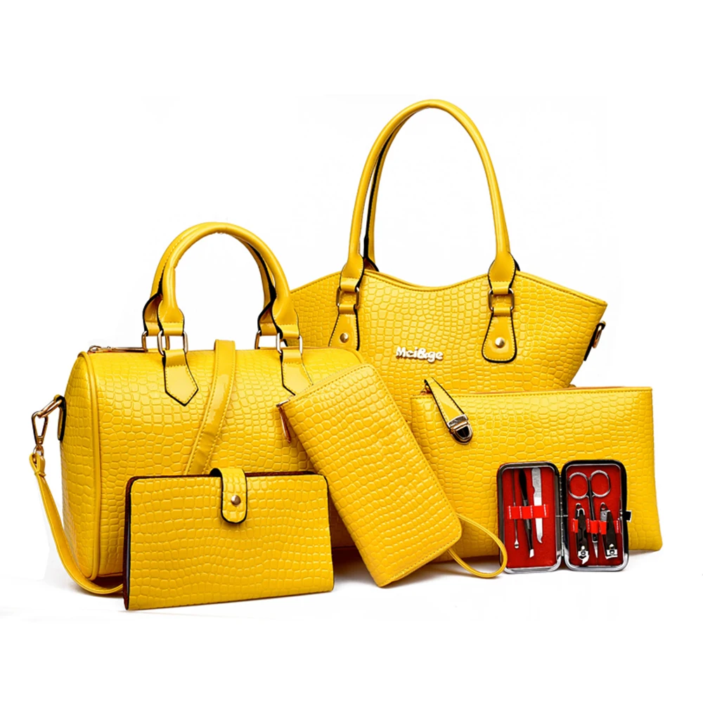 6pcs Women Handbag Set Patent Leather Fashion Crossbody Shoulder Bag Crocodile Large Tote Purse Clutch Yellow Composite |