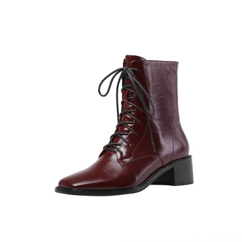 

Autumn Winter Square Toe Women Warm Boots Genuine Leather Thick Heels Shoes Woman Sexy Night Club Party Ankle Boots