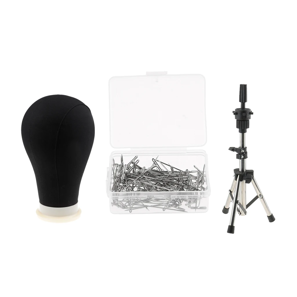 22in Professional Cork Canvas Block Mannequin Head For Wigs With Stainless Steel Adjustable Tripod Stand and 100pcs 3.5cm Pins