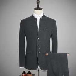 (Куртка + брюки) мужской модный тонкий шерстяной толстый костюм из двух предметов мужской костюм китайский стиль Мао костюм/мужские