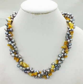 

Semi-precious Stones, Combined Beautiful Necklace Baroque Freshwater Pearls and Indian Free Shipping, 3 Shares. Gray 19\" Women