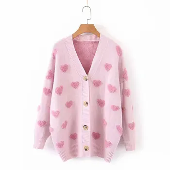 

2020 Autumn new women's European and American style V-neck long-sleeved loose love fur knitted cardigan sweater