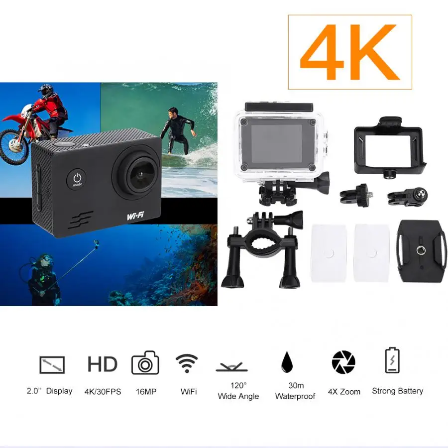 WiFi Спортивная камера Full HD 4K 16MP WiFi Экшн-камера подводный Дайвинг 30 м Водонепроницаемая камера с корпусом набор аксессуаров