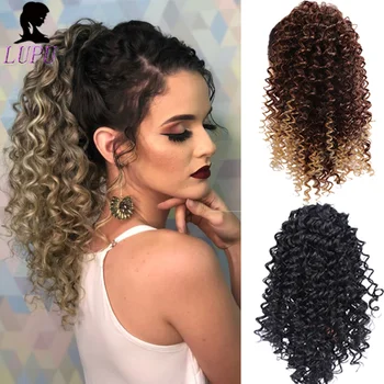 

LUPU New Type 8 inch Long Afro Kinky Curly Ponytail Extension Synthetic Drawstring Corn Wavy Hair Piece for Women Black