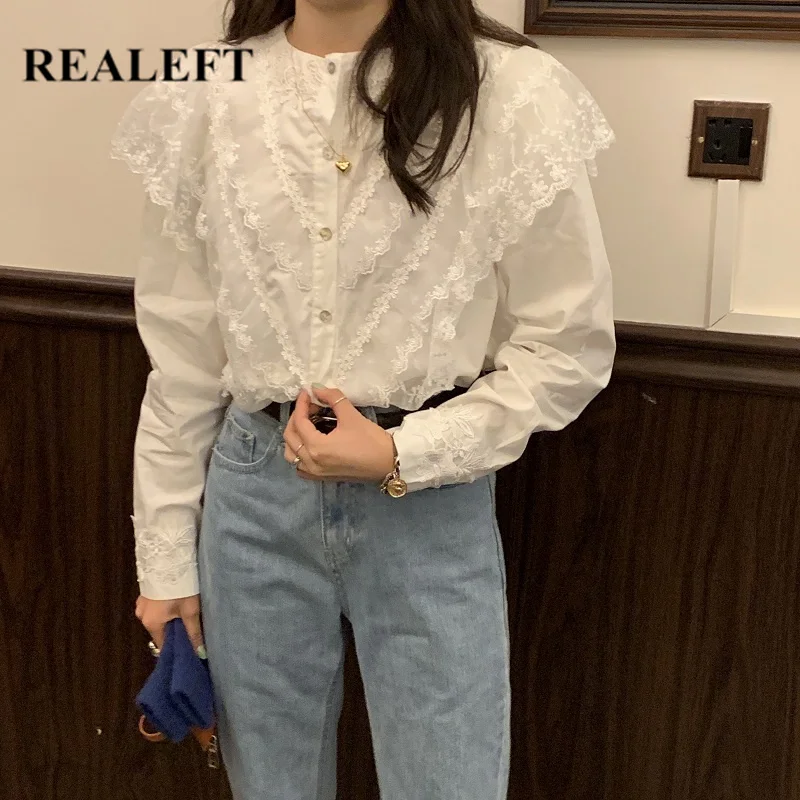 REALEFT Spring Lace Patchwork Women's Shirts Female Blouse Long Sleeve Stand Collar Korean OL Style Women Elegant Blouses