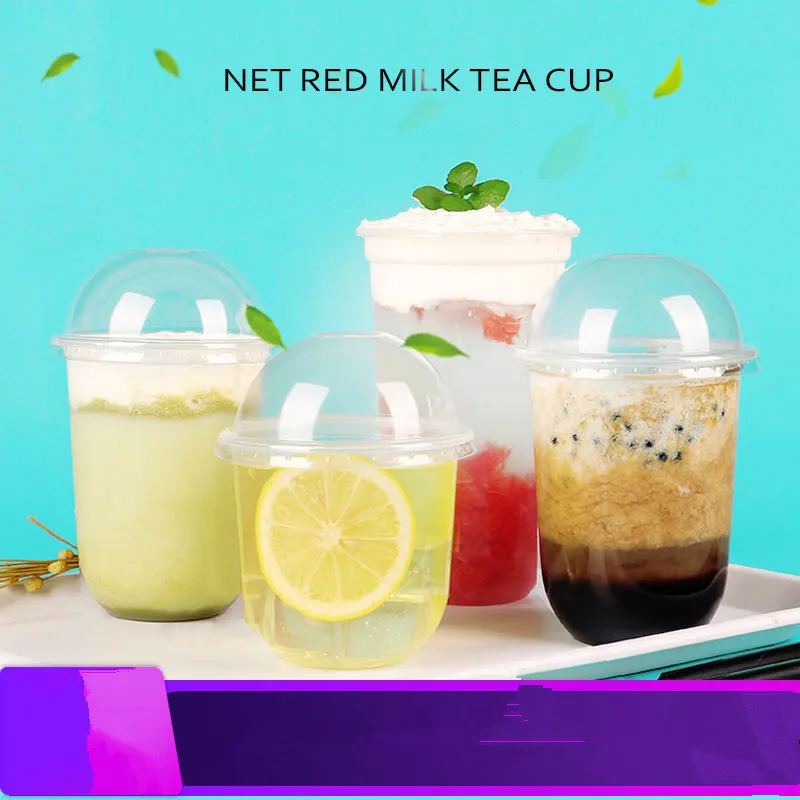 

500pcs 95 caliber disposable transparent tea cup U shape juice coffee beverage cold and hot drink packaging cups with lid