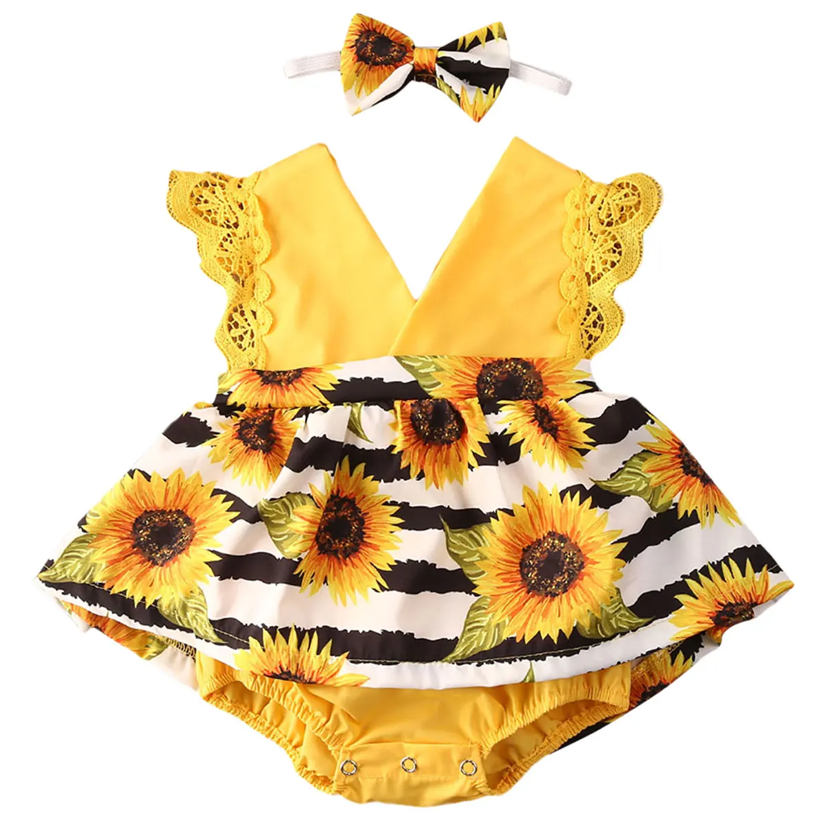 0-24M Newborn Baby Girls Romper Dress Sunflowers Print Lace Sleeve V Neck Jumpsuits Headband 2pcs | Детская одежда и обувь
