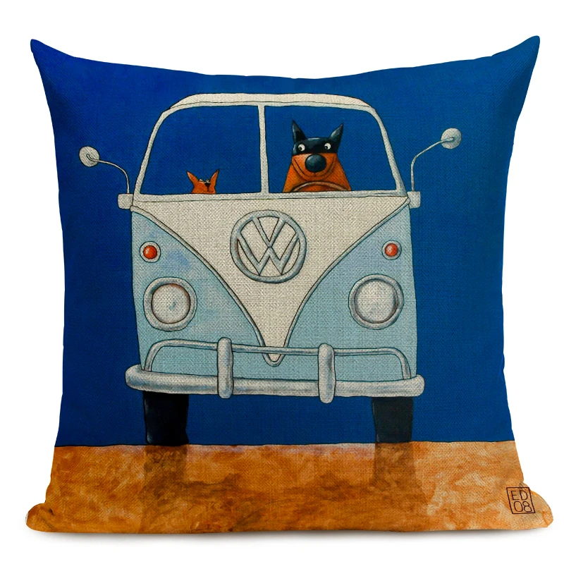 Hot Sale Pillow Lovely Cartoon Dog Cat Color Driving Car Vintage Almofadas 45X45CM Linen Pillow Decorative Linen Cushion Cover