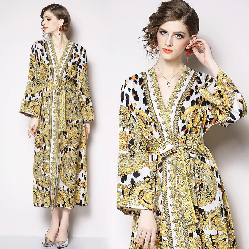 

Ozhouzhan Spring 2019 WOMEN'S Dress V-neck Leopord Pattern Printed Long Sleeve Lace-up Waist Hugging Loose-Fit Dress