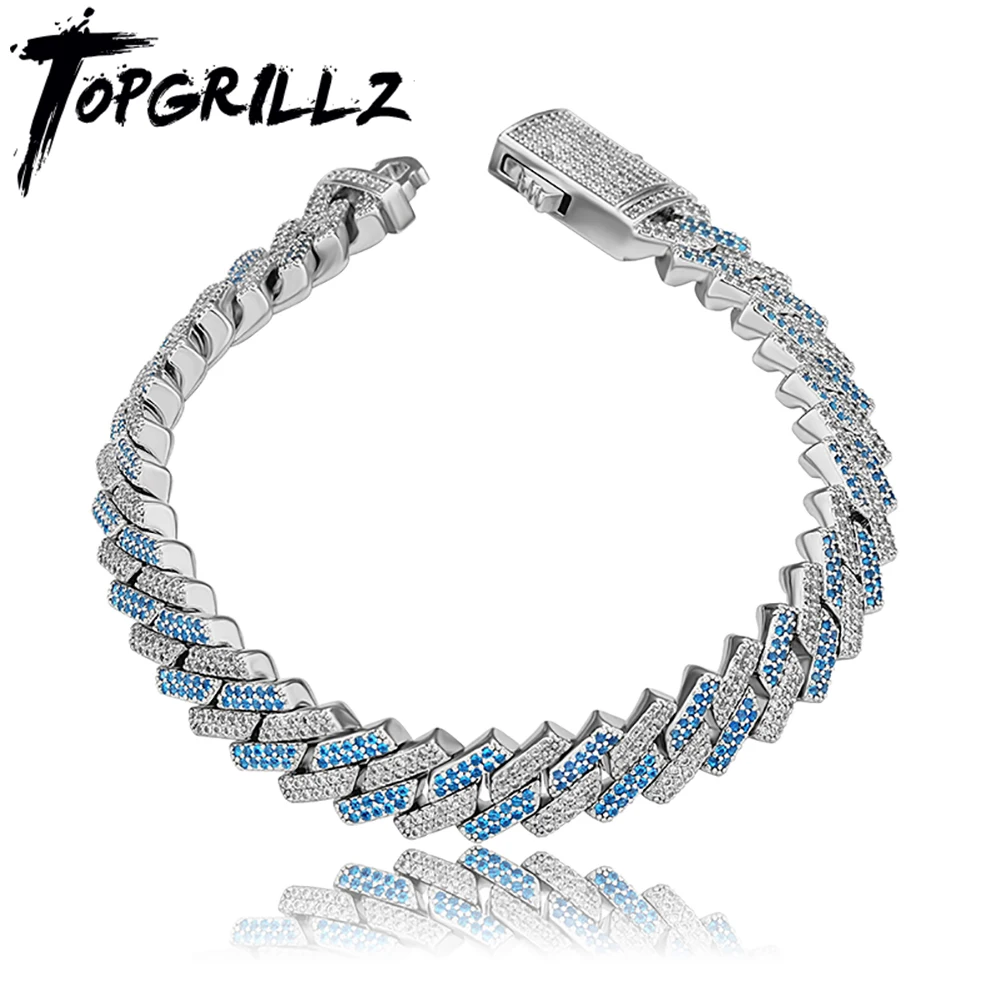 

TOPGRILLZ 10 MM Two-Tone Prong Link Bracelet in Blue/White Gold Micro Pave Iced Out Cubic Zirconia Hip Hop Jewelry