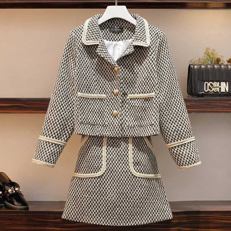 

2019 Autumn And Winter New Style Large Size Dress Large GIRL'S Personalized Ribbon Joint Coat + Half-length Short Skirt Two-Piec