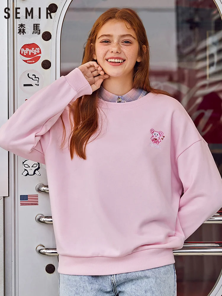 

SEMIR Hoodies women new cec embroidery Korean student loose ins tops round neck pullover casual sweatershirt tide