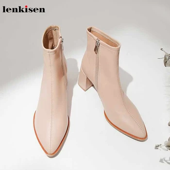 

Lenkisen new concise sweet style genuine leather high heels pointed toe fairy beauty lady winter keep warm women ankle boots L14