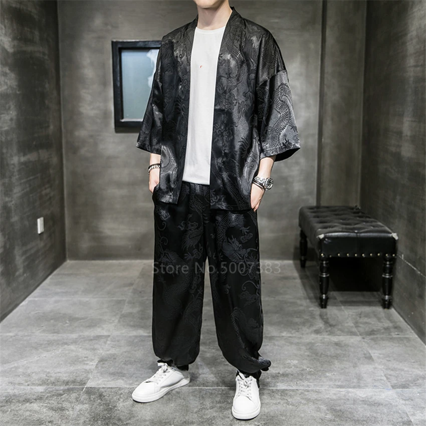 Japanese Kimono Male Japanese Style Kimono Set Fashion Harajuku Summer Streewear Silk Dragon Embroidery Casual Haori Chinese Kung Fu Uniforms japanese kimono,japanese kimono shirt,martial arts uniform