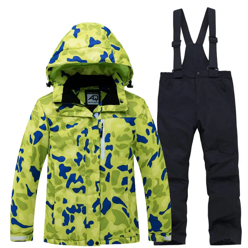 Недорогой зимний костюм для мальчиков и девочек комплекты для сноубординга ветрозащитная одежда зимняя одежда детская Лыжная куртка+ штаны на подтяжках, Детский костюм