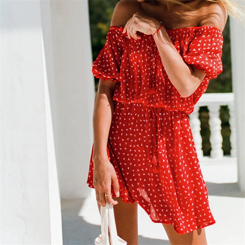 Сексуальное красное платье в горошек с открытыми плечами Женская туника Пляжное