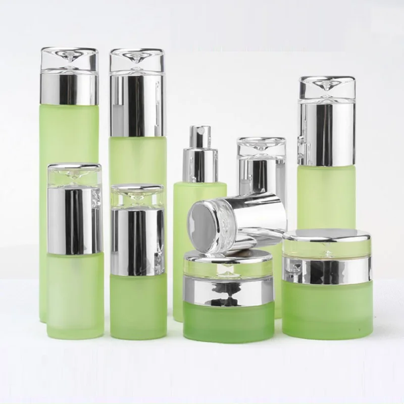 

8Pcs Empty Green Frost Glass Refillable Bottle Silver Spray Lotion Pump 30G 50G Cream Jars 120ML 100ML 80ML 60ML 40ML 30ML 20ML