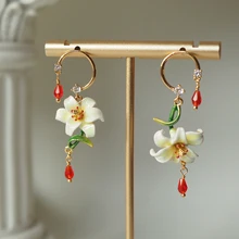  Romantic Elegant Flower Drop Earrings For Women Enamel Glaze Plant Asymmetry Ear Jewelry 