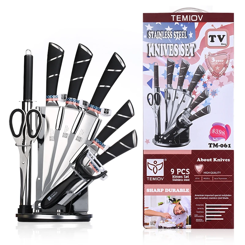 

Shipping Now Kitchen Knives 8 in 1 Chefs Knife Bread Utility Paring Cleaver Knifes Set Stainless Steel Blade Sharpener Peeler