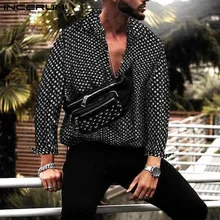 INCERUN/Осенняя модная мужская рубашка в горошек, топы на пуговицах, высокий уличный воротник с лацканами, длинный рукав, шикарная брендовая рубашка для мужчин, Camisa