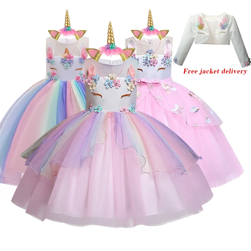New Elsa Unicorn Dress for Girls Embroidery Ball Gown Baby Girl Princess Birthday Dresses for Party Costumes Children Clothing