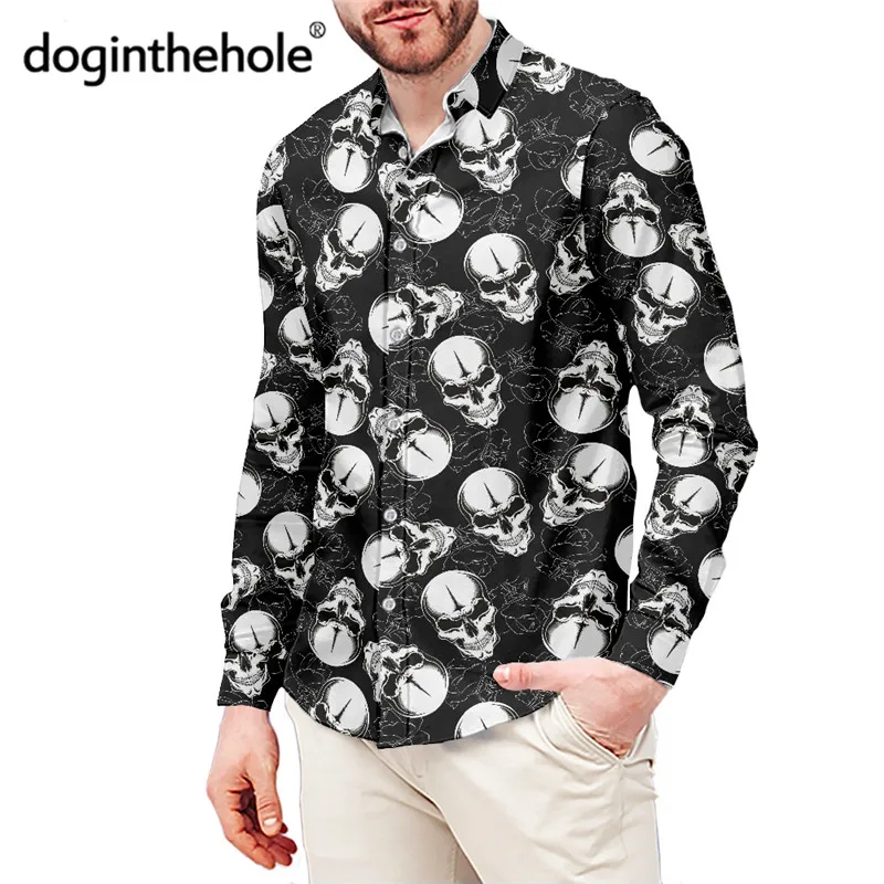 

Doginthehole Gothic Black Skull Printed Long Sleeve Shirts For Men Casual Button Tops Male Social Dress Shirts For Business