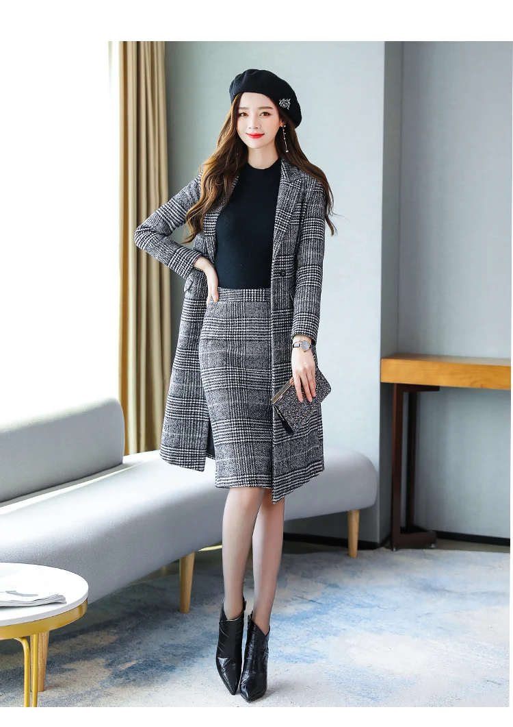 Autumn Winter Women's Wool Plaid Business Suits Long Trench Coat with Knee Length Skirts Suit Korean Formal Work Wear Outfits plus size pant suits for weddings