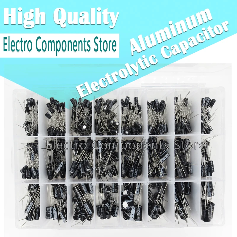 500Pcs 24Values 0.1UF-1000UF Aluminum Electrolytic Capacitor Assorted Kit Box 24 Values Set of Capacitors Set 10V 16V 25V 50V